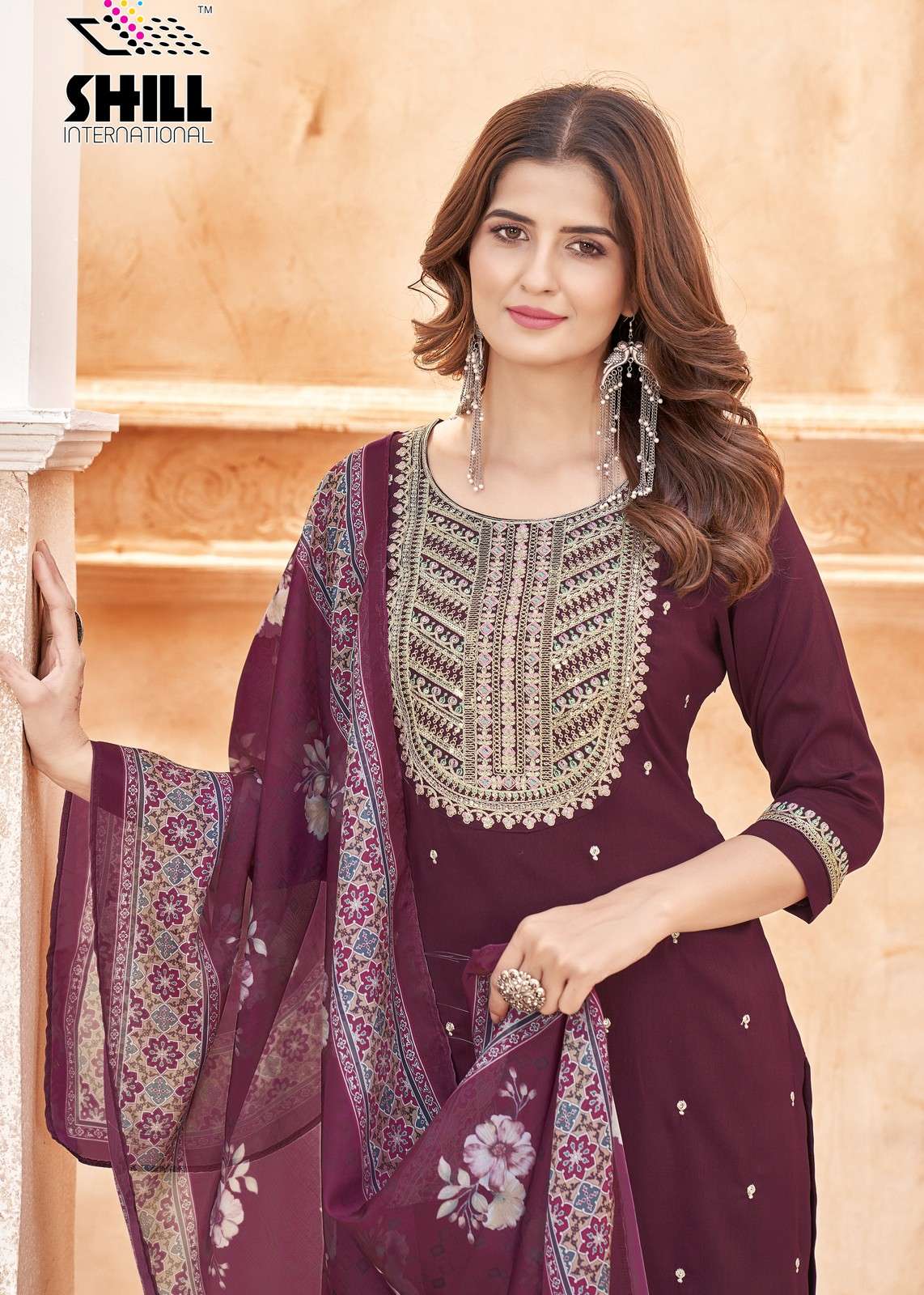 Wine Color Embroidery Work Straight Salwar Suit